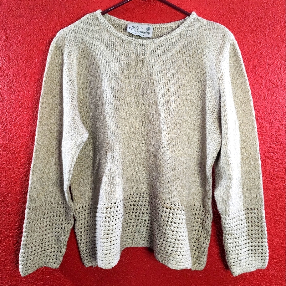 Tan knitted Róisín McCarthy Celtic Design knitted sweater, size Large